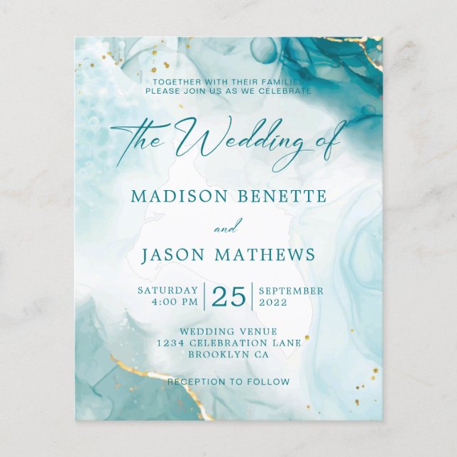 Elegant BUDGET Ocean Teal Blue Gold Wedding (Front)