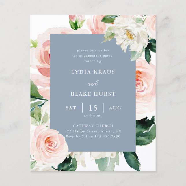 Elegant Budget Pink Blue Floral Engagement Party (Front)