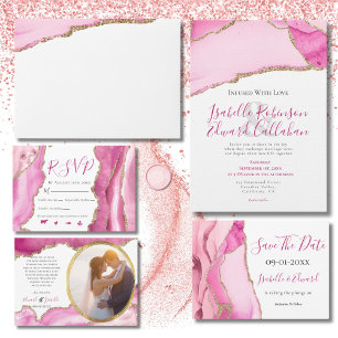 Elegant Budget Pink & Gold Agate Stone Wedding Invitation