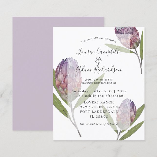 Elegant Budget Protea Purple Wedding Invitation (Front/Back)