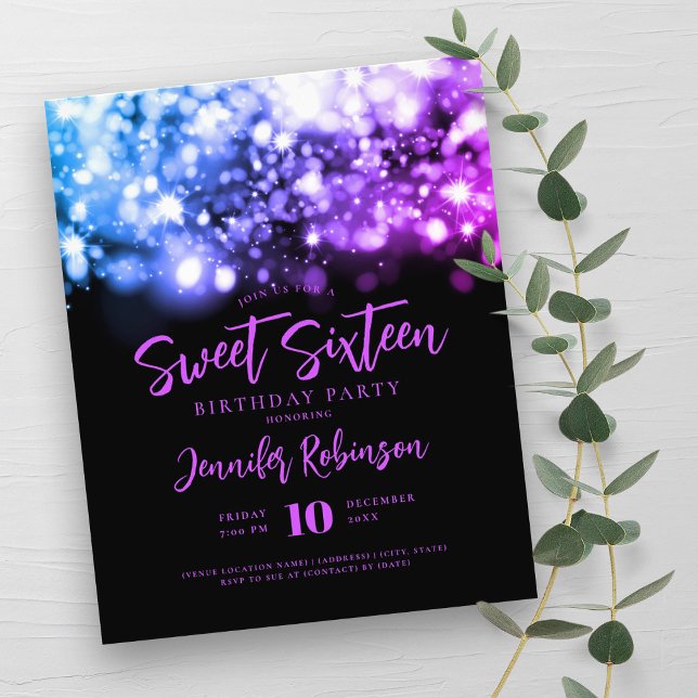 Elegant Budget Purple Blue Spark Sweet 16 Invite  Flyer (Elegant Budget Purple Blue Spark Sweet 16 Invite Flyer)
