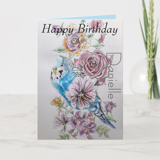 Elegant Budgie and Rose Watercolour Birthday Card (Front)