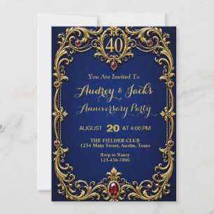 Elegant Bue and Gold 40th Anniversary Invitation