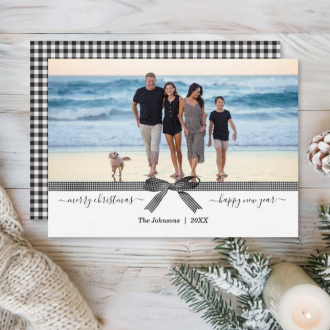 Elegant Buffalo Plaid Bow Black White Holiday Card (Creator Uploaded)