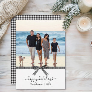 Elegant Buffalo Plaid Bow Black White Holiday Card