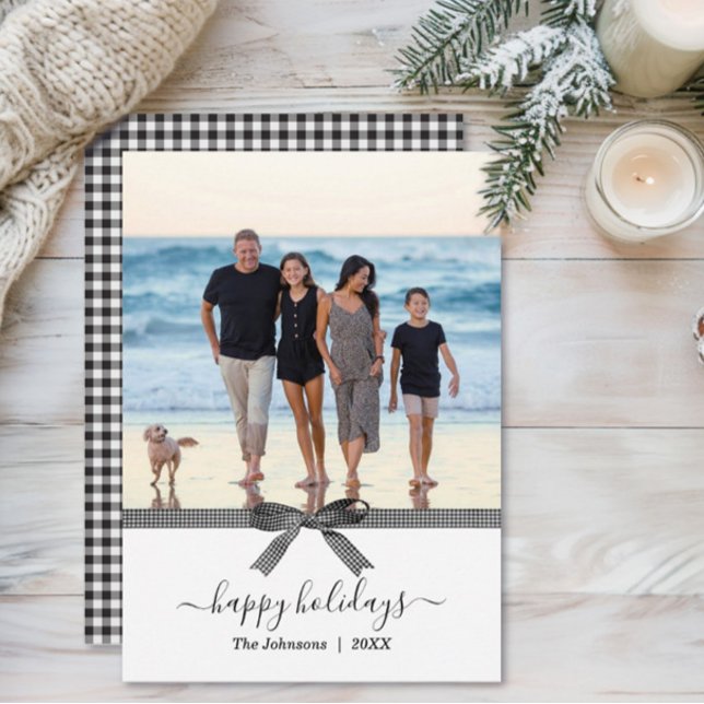 Elegant Buffalo Plaid Bow Black White Holiday Card (Creator Uploaded)