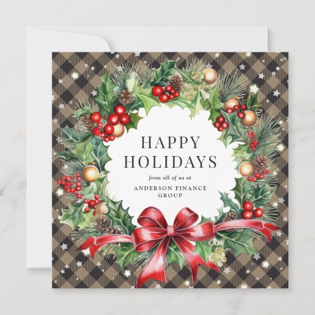 Elegant Buffalo Plaid Christmas Wreath Business Holiday Card (Front)