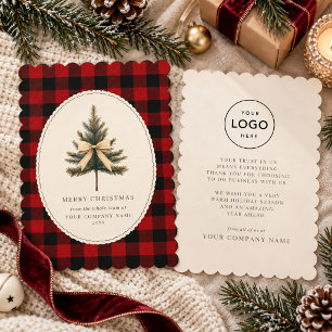 Elegant Buffalo Plaid Scalloped Corporate Logo Holiday Card