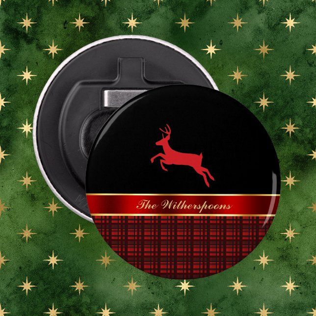 Elegant Buffalo Plaid with Reindeer and Red Ribbon Bottle Opener (Creator Uploaded)