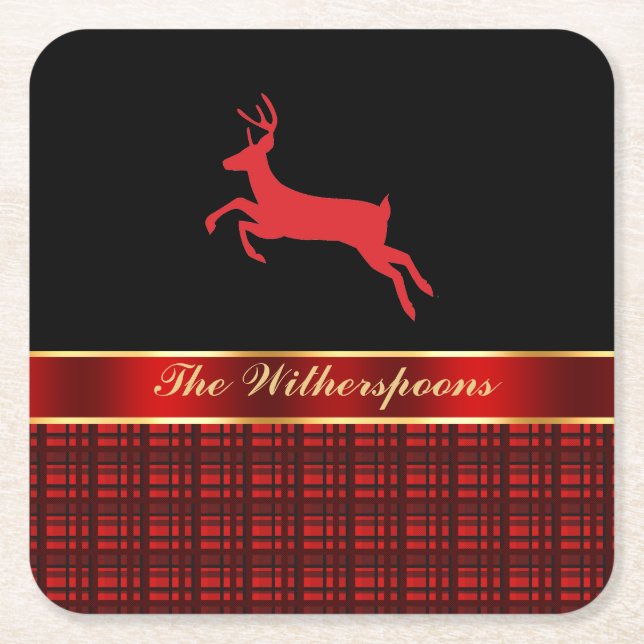 Elegant Buffalo Plaid with Reindeer and Red Ribbon Square Paper Coaster (Front)