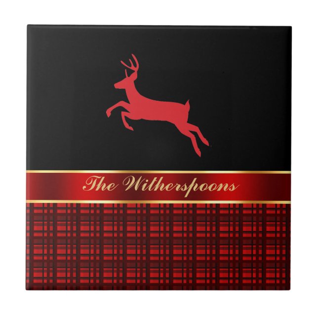 Elegant Buffalo Plaid with Reindeer and Red Ribbon Tile (Front)