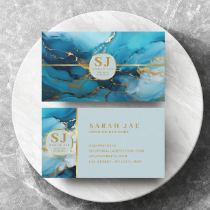 Elegant Bule Marble Gold Glitter Luxury Monogram Business Card