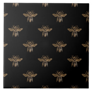 Elegant Bumble Gold Bee Black Background Tile