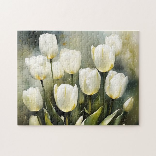 Elegant bunch of White Tulips  in a Serene Garden  Jigsaw Puzzle (Horizontal)