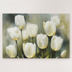 Elegant bunch of White Tulips in a Serene Garden Jigsaw Puzzle