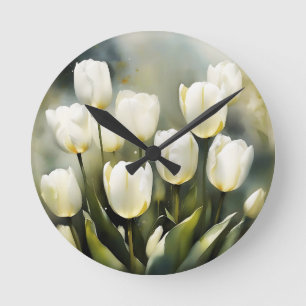 Elegant bunch of White Tulips in a Serene Garden Round Clock