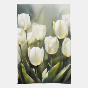 Elegant bunch of White Tulips in a Serene Garden Tea Towel