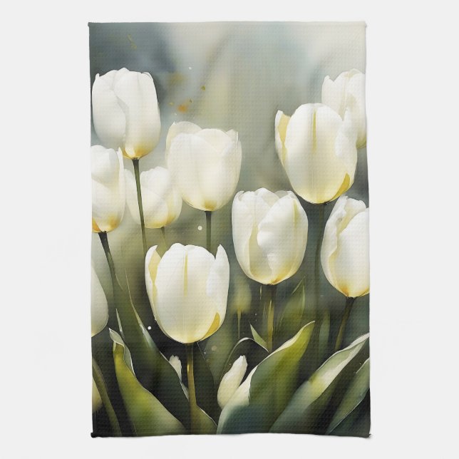 Elegant bunch of White Tulips  in a Serene Garden  Tea Towel (Vertical)