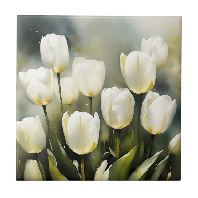 Elegant bunch of White Tulips  in a Serene Garden  Tile (Front)