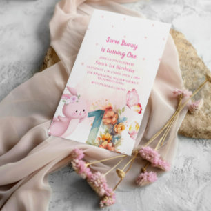 Elegant Bunny First 1st Birthday Baby Girl Invitation