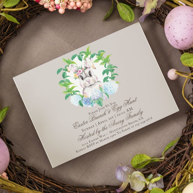 Elegant Bunny Floral Wreath Brunch & Egg Hunt Invitation (Creator Uploaded)