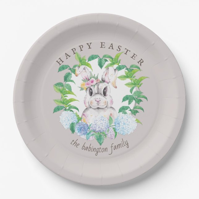 Elegant Bunny Floral Wreath Easter Personalised Paper Plate (Front)