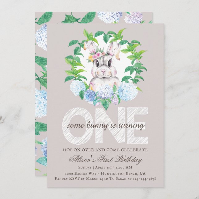 Elegant Bunny Floral Wreath First Birthday Invitation (Front/Back)