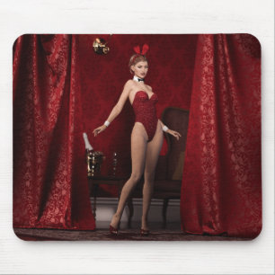 Elegant Bunny Girl on Red Velvet Curtain Mouse Mat