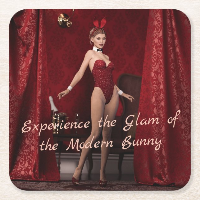 Elegant Bunny Girl on Red Velvet Curtain Square Paper Coaster (Front)