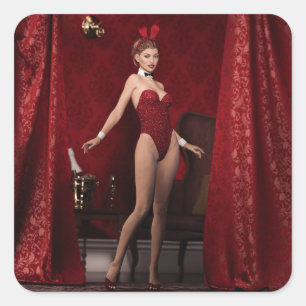 Elegant Bunny Girl on Red Velvet Curtain Square Sticker