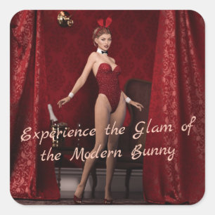 Elegant Bunny Girl on Red Velvet Curtain Square Sticker