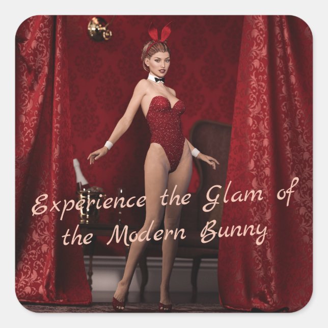 Elegant Bunny Girl on Red Velvet Curtain Square Sticker (Front)