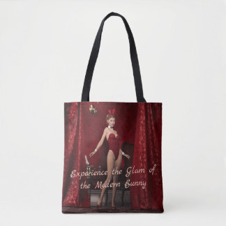 Elegant Bunny Girl on Red Velvet Curtain Tote Bag