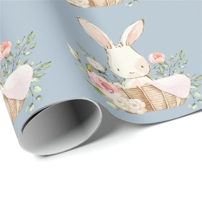Elegant Bunny Rabbit Baby Shower Blue Wrapping Paper (Roll Corner)