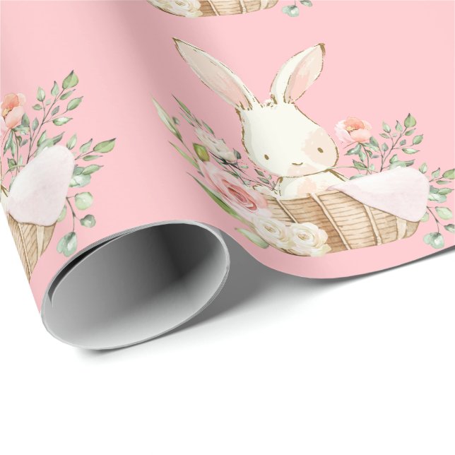 Elegant Bunny Rabbit Pink Baby Shower Wrapping Paper (Roll Corner)