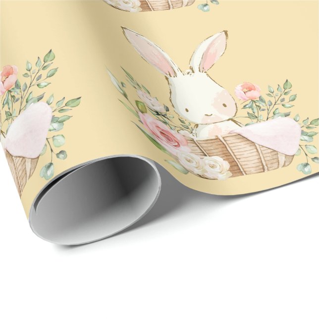 Elegant Bunny Rabbit Yellow Baby Shower Wrapping Paper (Roll Corner)