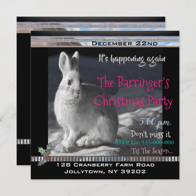 Elegant Bunny Snowy Night Christmas Party Invitation (Front/Back)