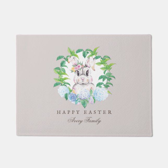Elegant Bunny Wreath Easter Personalised Doormat (Front)
