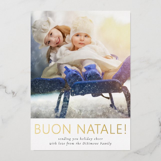Elegant Buon Natale Family Photo Gold Foil Holiday Card (Front)