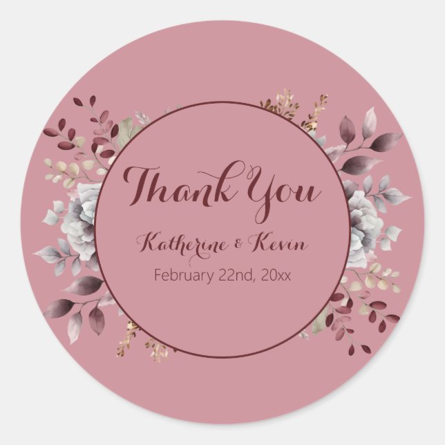 Elegant Burgandy and Dusty Rose Floral Wedding Classic Round Sticker (Front)