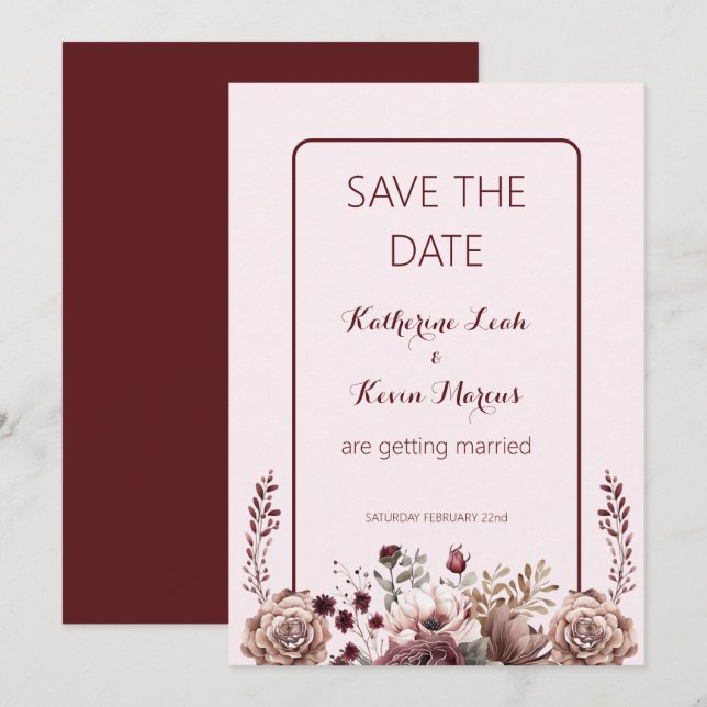  Elegant Burgandy Dusty Rose Floral Save the Date Invitation (Front/Back)