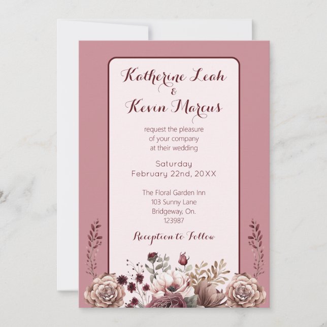  Elegant Burgandy Dusty Rose Floral Wedding  Invitation (Front)