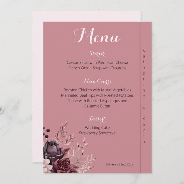 Elegant Burgandy Dusty Rose Floral Wedding  Menu  (Front/Back)