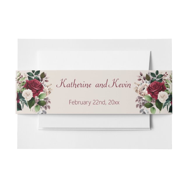 Elegant Burgandy Green Cream Floral Wedding Invitation Belly Band (Front Example)