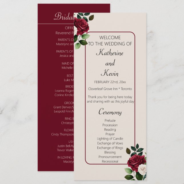 Elegant Burgandy Ivory  Cream Floral Wedding Programme (Front/Back)