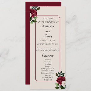 Elegant Burgandy Ivory  Cream Floral Wedding Programme