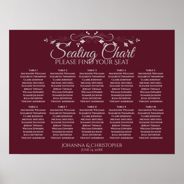 Elegant Burgundy 10 Table Wedding Seating Chart (Front)