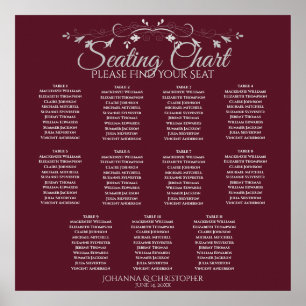 Elegant Burgundy 11 Table Wedding Seating Chart