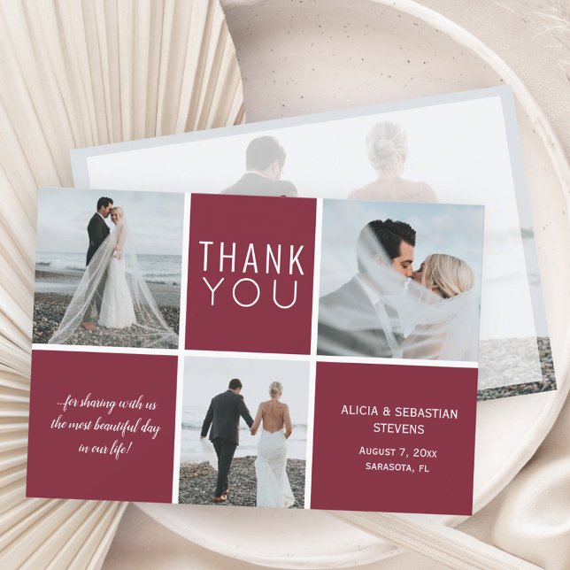Elegant burgundy 3 photo collage wedding thank you (Creator Uploaded)