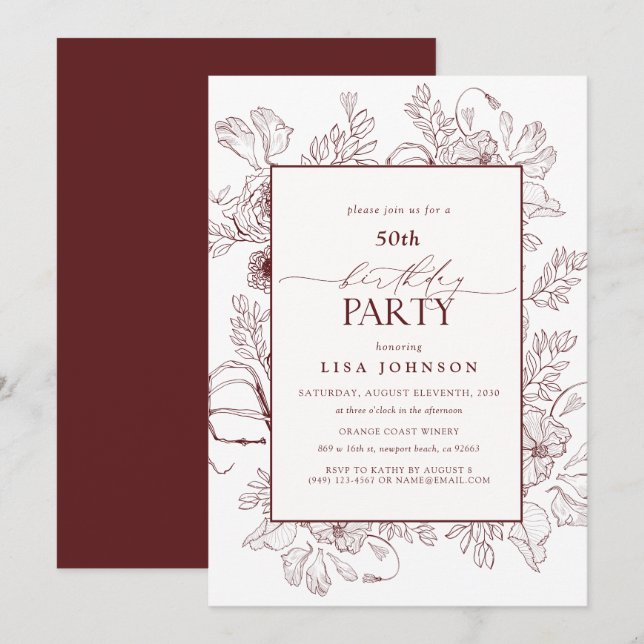 Elegant Burgundy 50th Birthday Floral Line Art  Invitation (Front/Back)